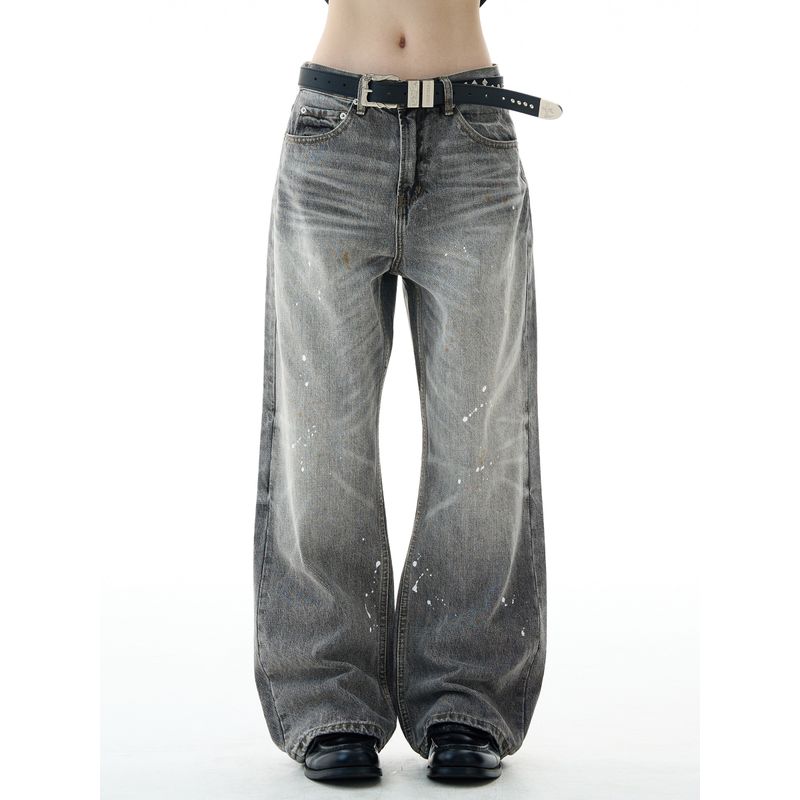 Madwitch American Retro Washed Distressed Splatter Denim Jeans for Men and Women, Loose Casual High Street Vibe Pants, Trendy