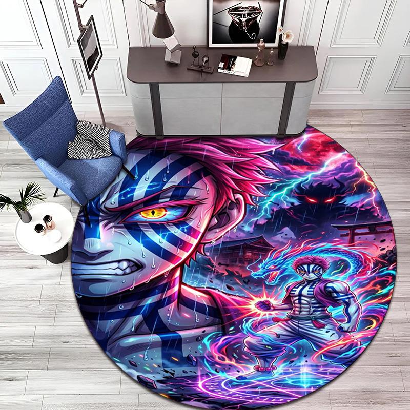 Classic Japanese-style Cartoon Demon Slayer Round Rug, Home Soft Decorative Anti-slip Yoga Mat and Chair Mat, Outdoor Floor Mat Carpet K27