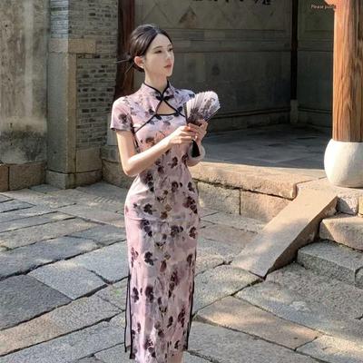 Retro Short Sleeve Printed Cheongsam Dress with Hollow-out Frog Buttons and Slit