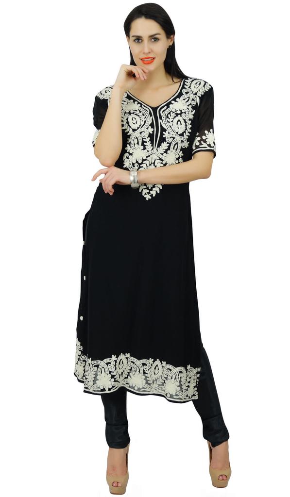 Atasi Womens Straight Black With Dupatta Readymade Salwaar Kameez Suit Set