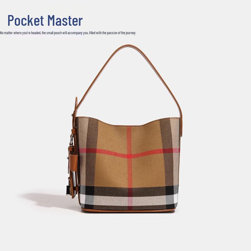 Douxiaozhu Plaid Fabric & Leather Bucket Shoulder Bag