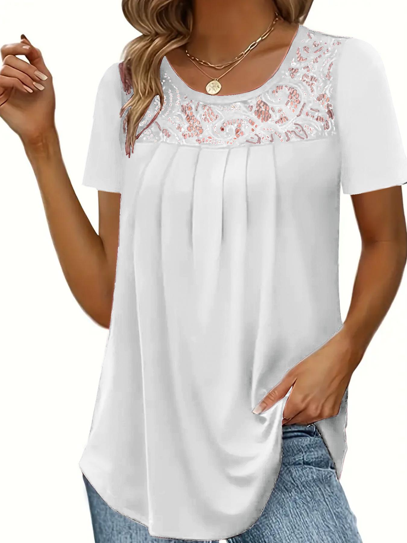 

Летняя женская футболка больших размеров в минималистском стиле с ажурным кружевом, однотонная футболка с коротким рукавом и круглым вырезом XL белый