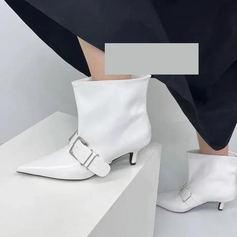 Pointed Toe Metal Buckle Strap Short Boots For Female Women Thin High Heel  New Leather Fabric Elegant Sexy Winter Shoes