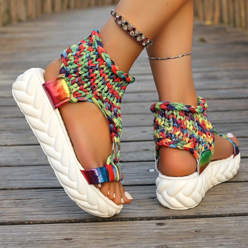 Fashion Women's Fashion Round Head Knitted Cover Foot Soft Sole Anti-slip Wear-resistant Flat Shoes Summer Platform Sandals