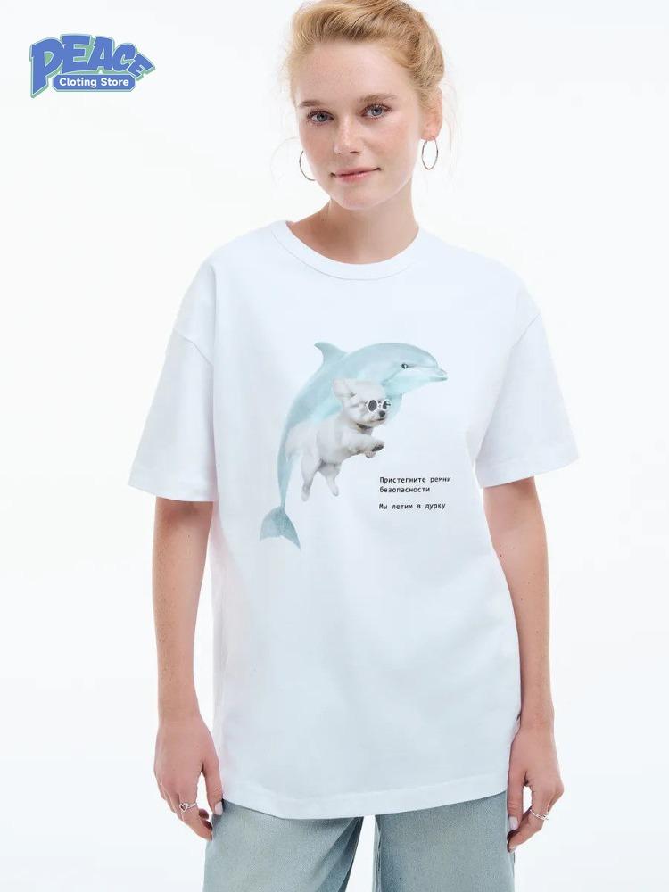 Cute Dolphin and Dog Printed T-shirt 100% Cotton T-shirt Women's Clothing Summer Fashion Casual Comfy Short Sleeve Top Vintage