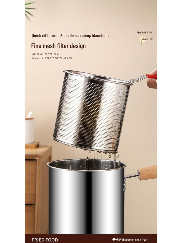 304 Stainless Steel Deep Fryer with Wooden Handle and Filter Basket for Induction Cooker