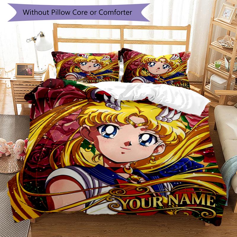 3pcs Custom Name Moon Princess Printed Bedding Set Duvet Cover Closure Includes 1 Duvet Cover & 2 Pillowcases, Soft and Comfortable for All Seasons.