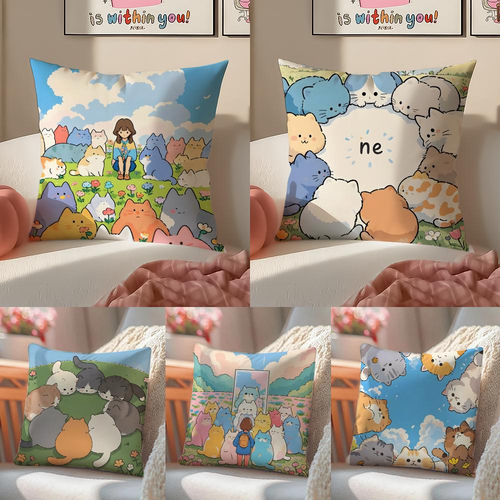 Cartoon Cute Cat Picture With Fresh Wake Up Cushion Cover Linen Pillowcase Cover Soft Decor for Sofa Home Room