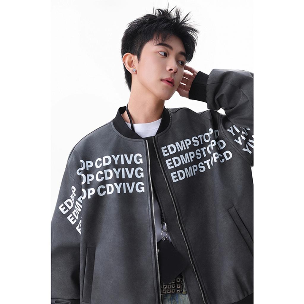 Letter Printed Baseball Uniform Leather Jacket Men's Autumn Loose Design Pu Leather Jacket