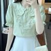Women's Peter Pan Collar Blouse Short Puff Sleeve Floral Embroidery Casual Top Shirt