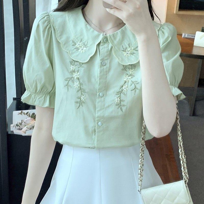 Women's Peter Pan Collar Blouse Short Puff Sleeve Floral Embroidery Casual Top Shirt