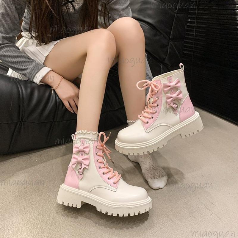 Women's Cute Lolita Platform Ankle Boots Black/White Bowknot Lace-Up Bottes Low Heel Sweet Fashion Botines for Women Botas Mujer