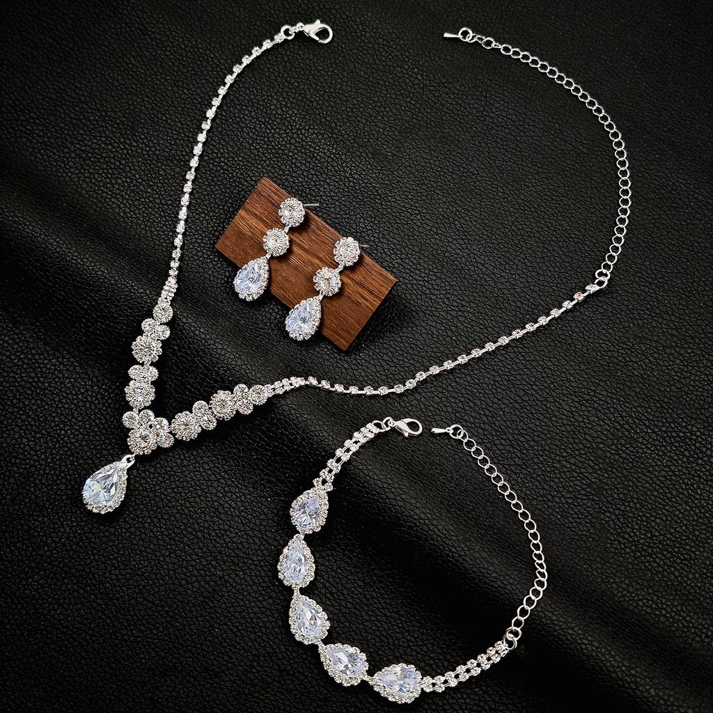 Luxury Zircon Flower Jewelry Set Geometric Drop Necklace Earrings Bracelet 3PCS