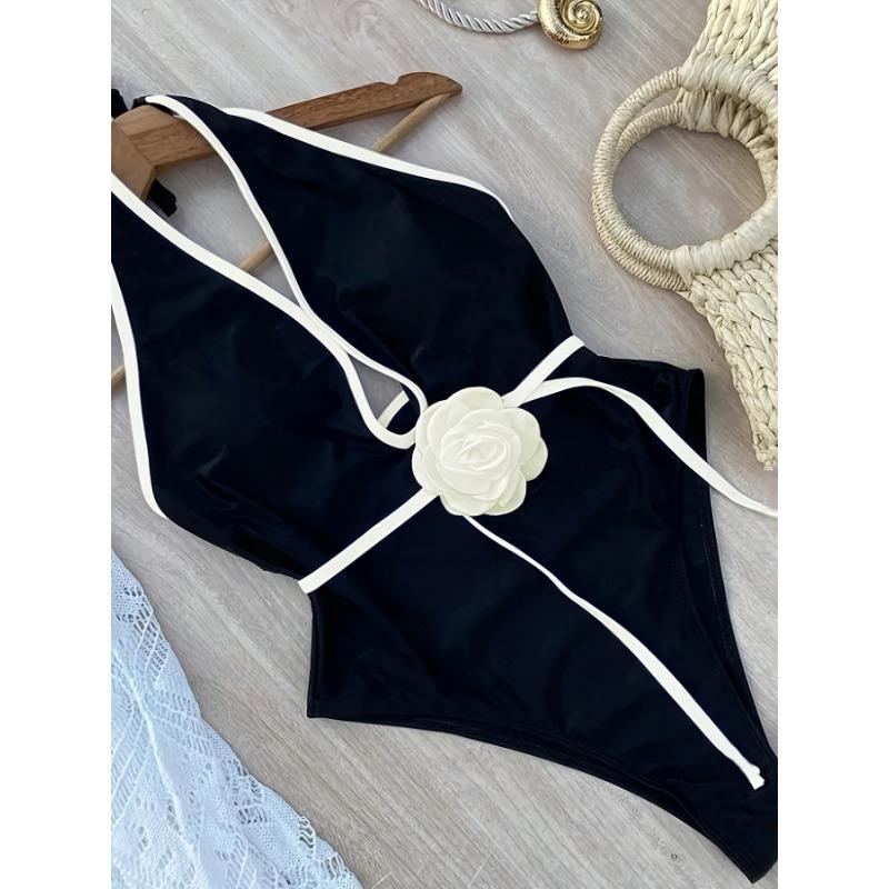 Women's Black Halter Deep V Camellia Decor One-Piece Swimsuit