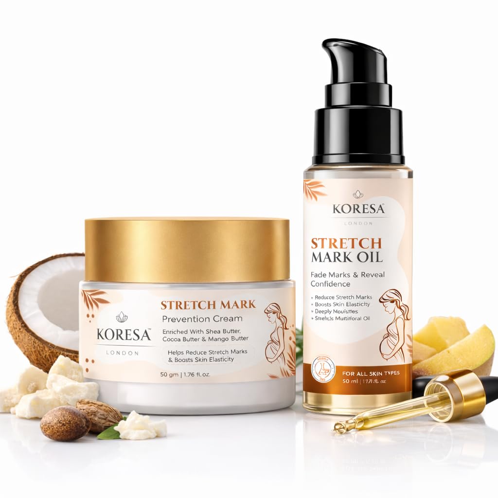 Koresa London Stretch Marks Cream & Stretch Mark Oil for New & Expecting Mothers Bump Body Butter & Belly Oil Combo Pack for Hydration & Moisturiza