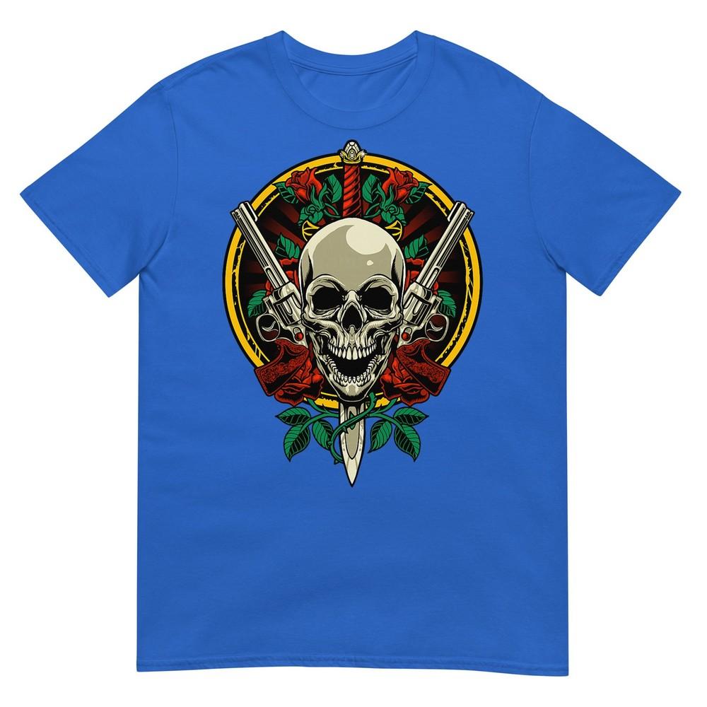 Skull Face With Roses 80s 90s Rock Music Guns And Skull Tshirt