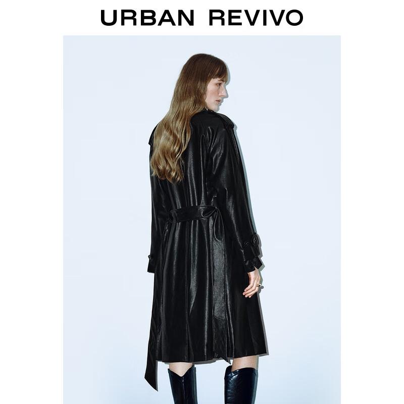 UR 2025 Winter Women's PU Double-Breasted Belted Trench Coat