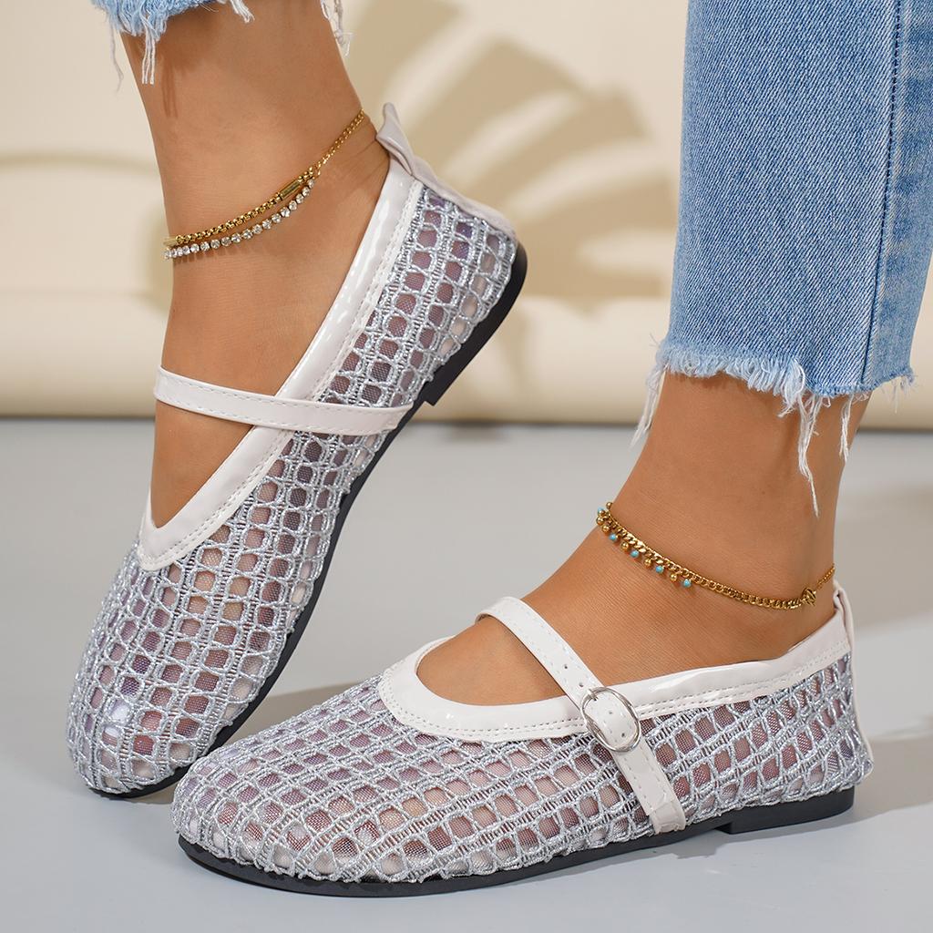 Women Flats Net Flat Fashion Sandals New Summer Round Head Breathable Non-slip Line Button Mary Jane Fishnet Shoes Ladies Shoes