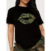 Women Cotton Short Sleeves T-shirts Camouflage Lips Women's Tee Camo Print Black Casual Top