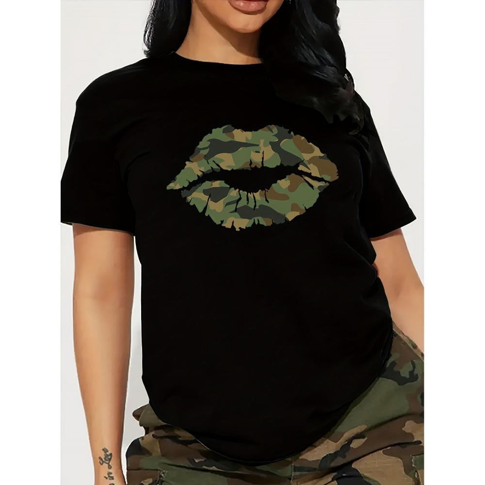 

Women Cotton Short Sleeves T-shirts Camouflage Lips Women s Tee Camo Print Black Casual Top S