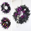 Halloween Front Door Wreath, Artificial Floral Wreath with Black Purpler Leaves Hanging Decoration for Front Door Entryway Wall