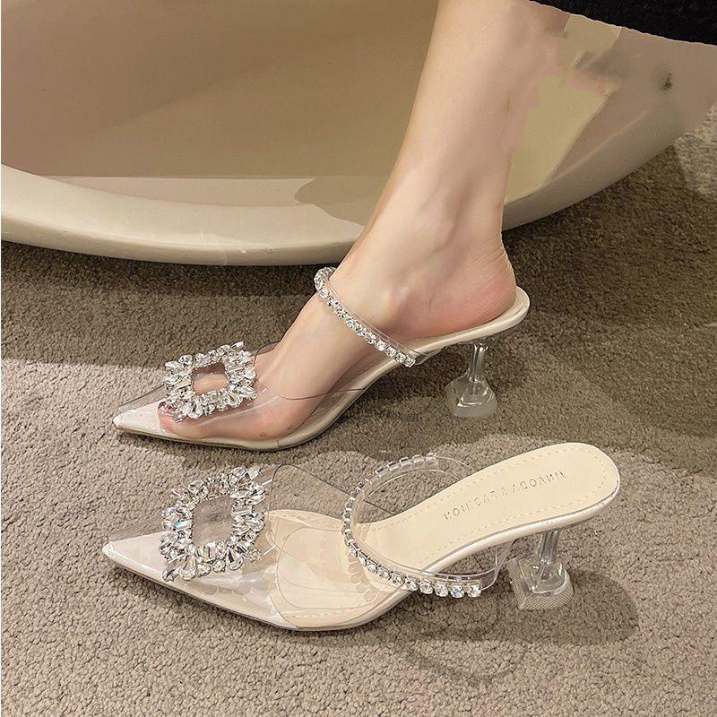 Fashion outer wear thin heel slippers women's summer 2025 new rhinestone square buckle high heel transparent bag head half tray sandals