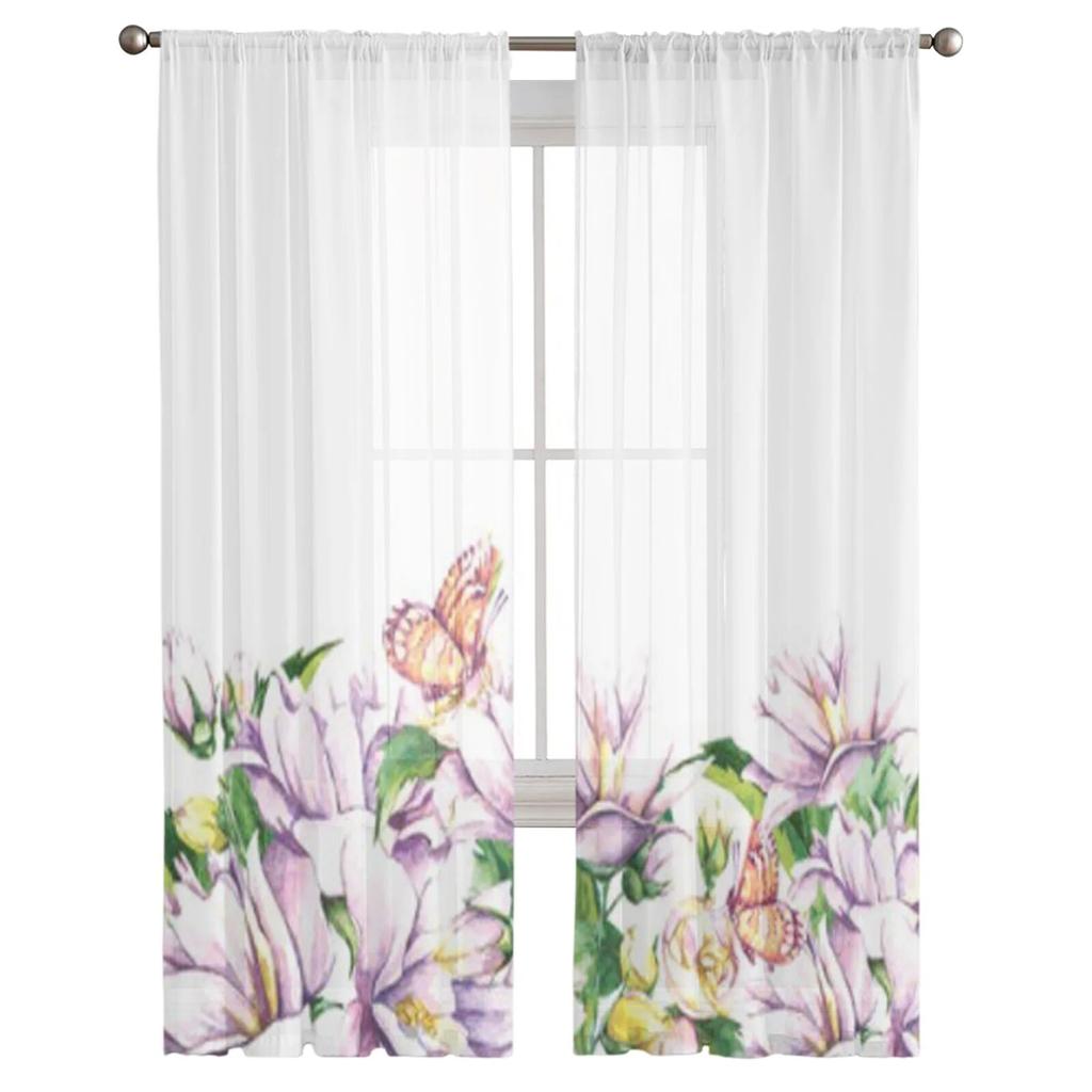 Watercolor Flowers And Butterflies Sheer Curtains For Bedroom Living Room Tulle Curtains For Kitchen Window Voile Curtains