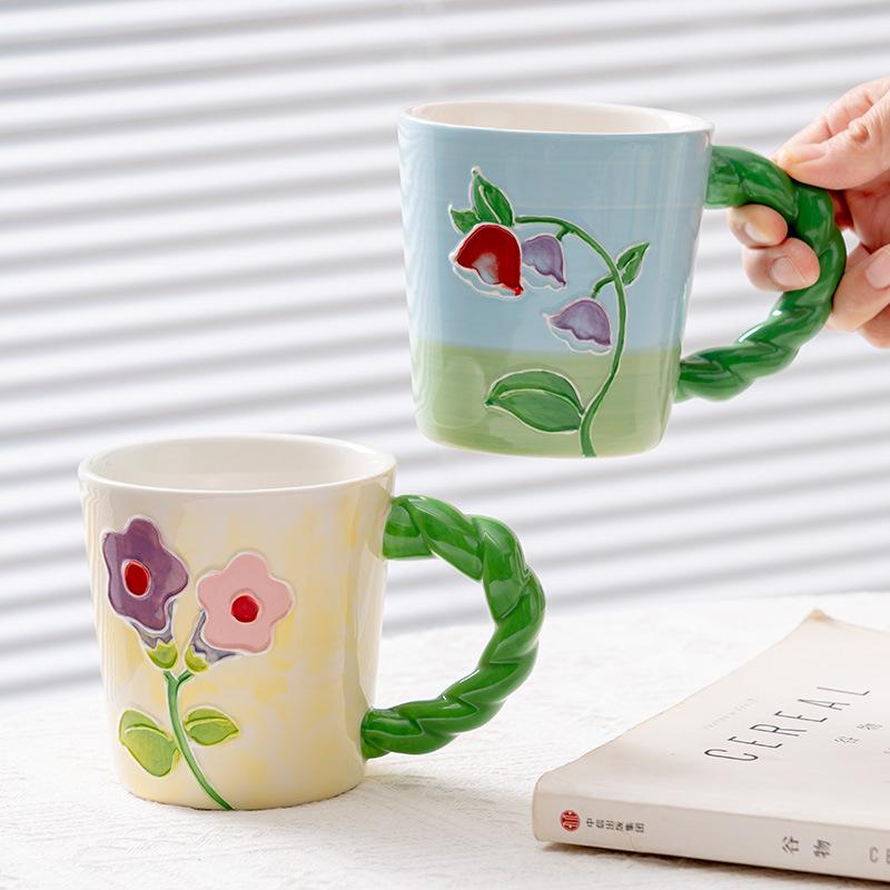 Cană din ceramică cu flori de lalele pictate manual, ceașcă de cafea și ceașcă de ceai