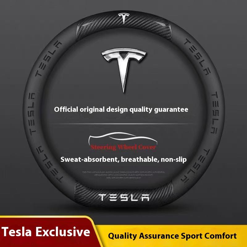 AAAIU1 Car Carbon Fiber Leather Anti-Slip Steering Wheel Cover For Tesla Cybertruck Beast Roadster Model 3 Model Y Model S Model X