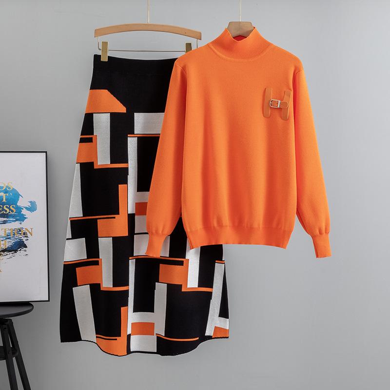 

Женский вязаный свитер и юбка миди в стиле колор-блок One Size оранжевый