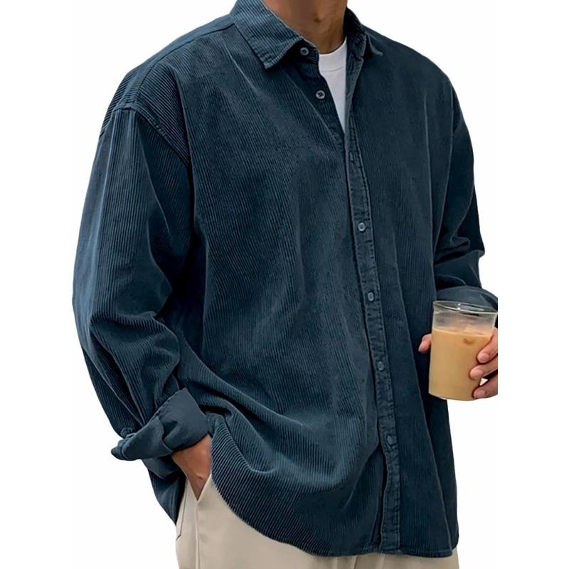 Men's Casual Loose-Fit Solid-Color Corduroy Collared Shirt