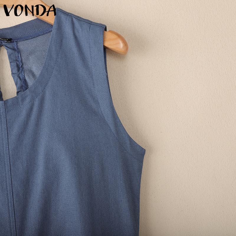 VONDA Women Round Neck Sleeveless Backless Drawstring Casual Long Dress