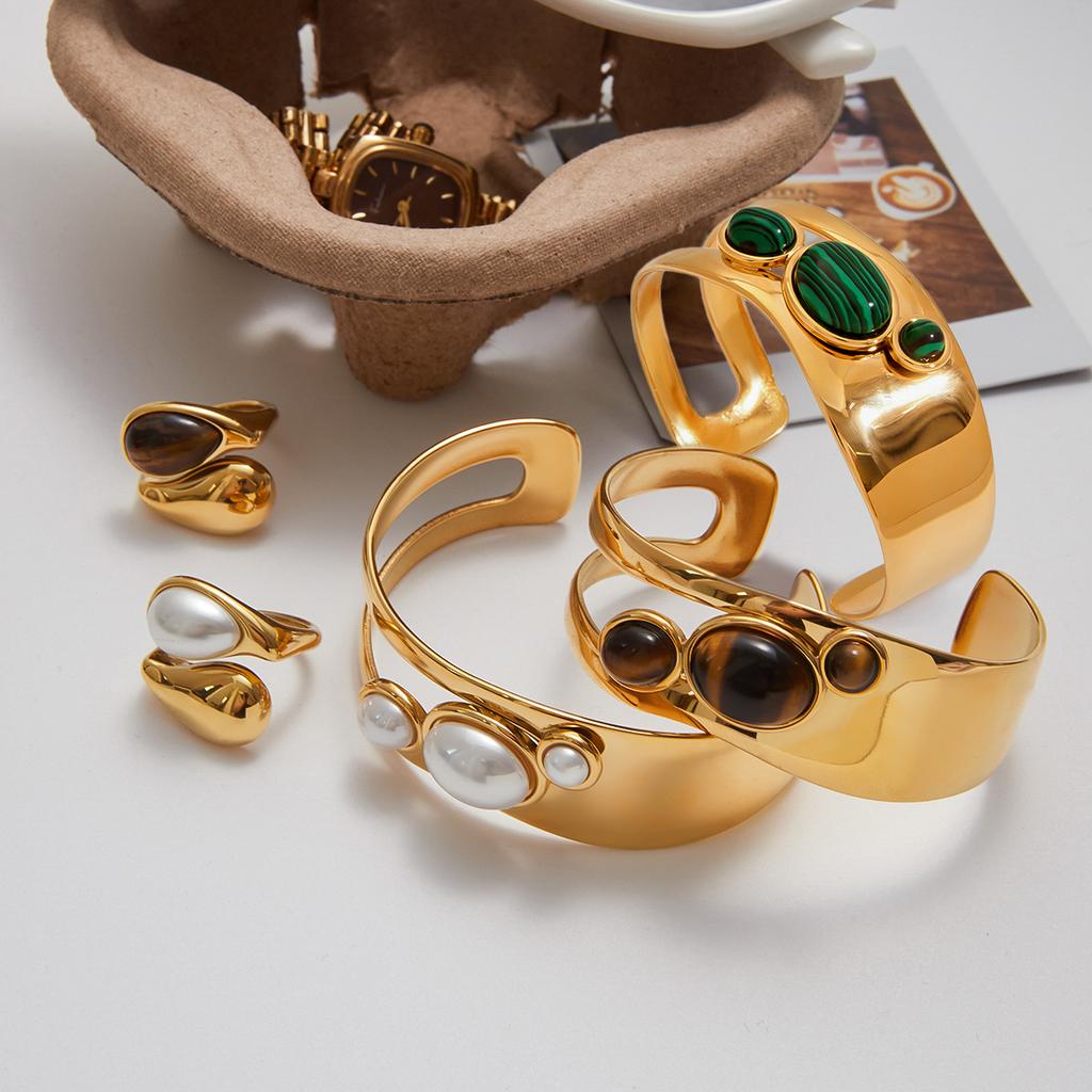 French Natural Stone European American Vintage Open Ring Stainless Steel Gold-Plated Bracelet Ring Combination Fashion Bangle