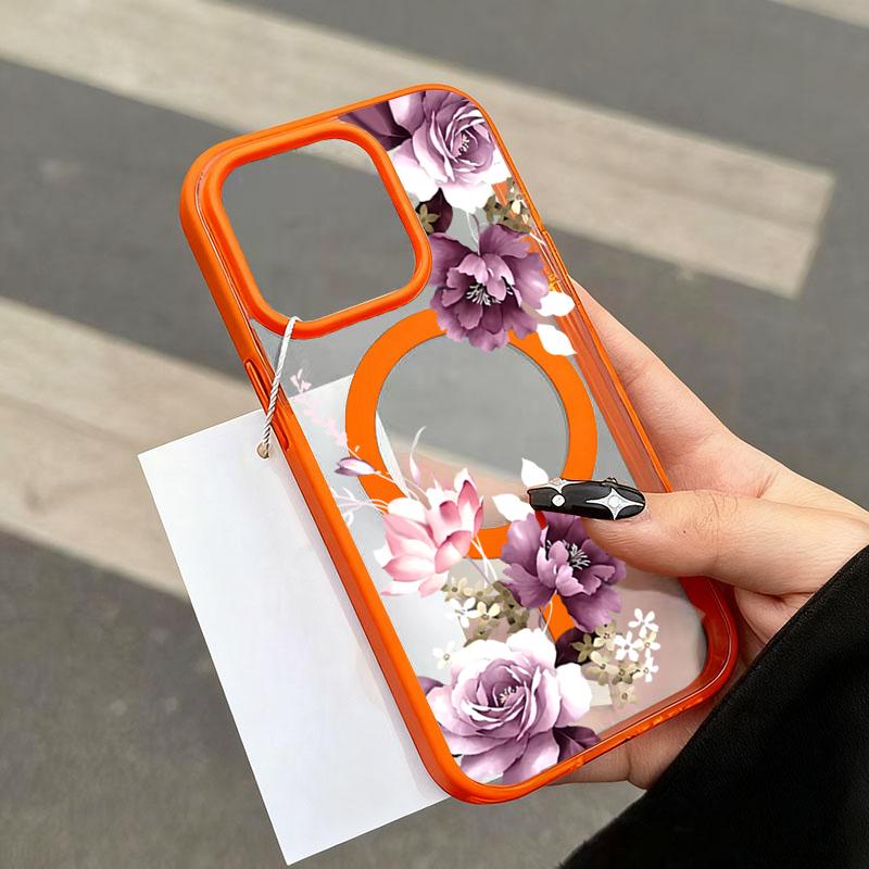 Imprimeu Floral Roz Lavandă pentru Carcasă de Telefon cu Încărcare Wireless pentru iPhone 17 16 15 14 12 13 Pro Max Plus Air 16E 11 Husă Magnetică