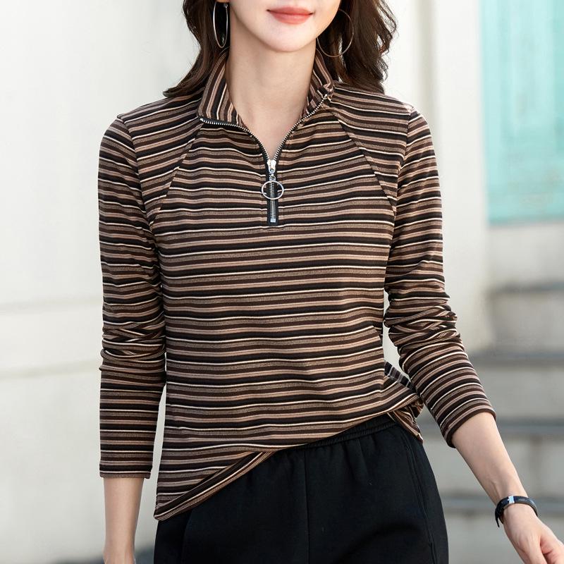 Women s Striped Plush Mock Neck Half-Zip Long Sleeve T-Shirt XL (115-125 jin)