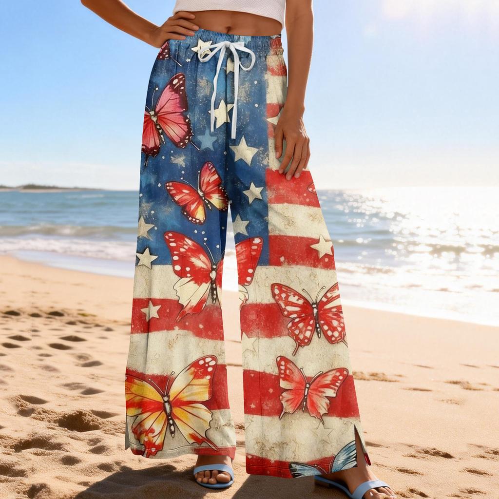 Dámské letní boho palazzo kalhoty s vysokým pasem a širokými nohavicemi, tisk, ležérní kalhoty s kapsami