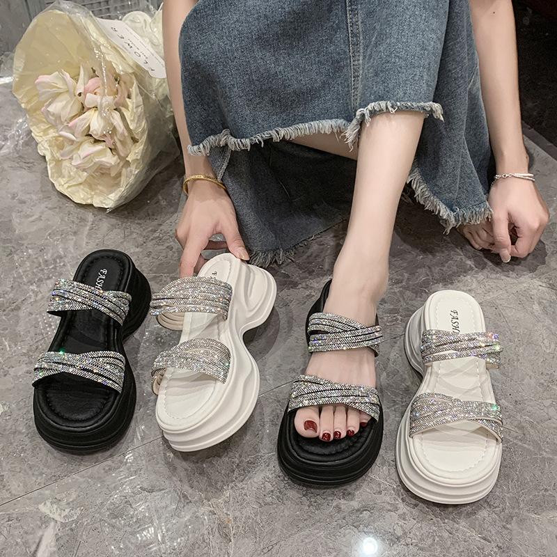 2025 New Fairy Rhinestone Word with Cool Slippers Waterproof Table High Heel Slippers Female Summer Wear Cool Slippers