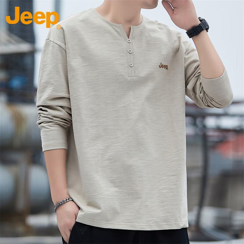 Jeep Men's Long Sleeve T-Shirt Autumn Winter Solid Color Casual Loose Base Shirt Trendy Top Khaki XL