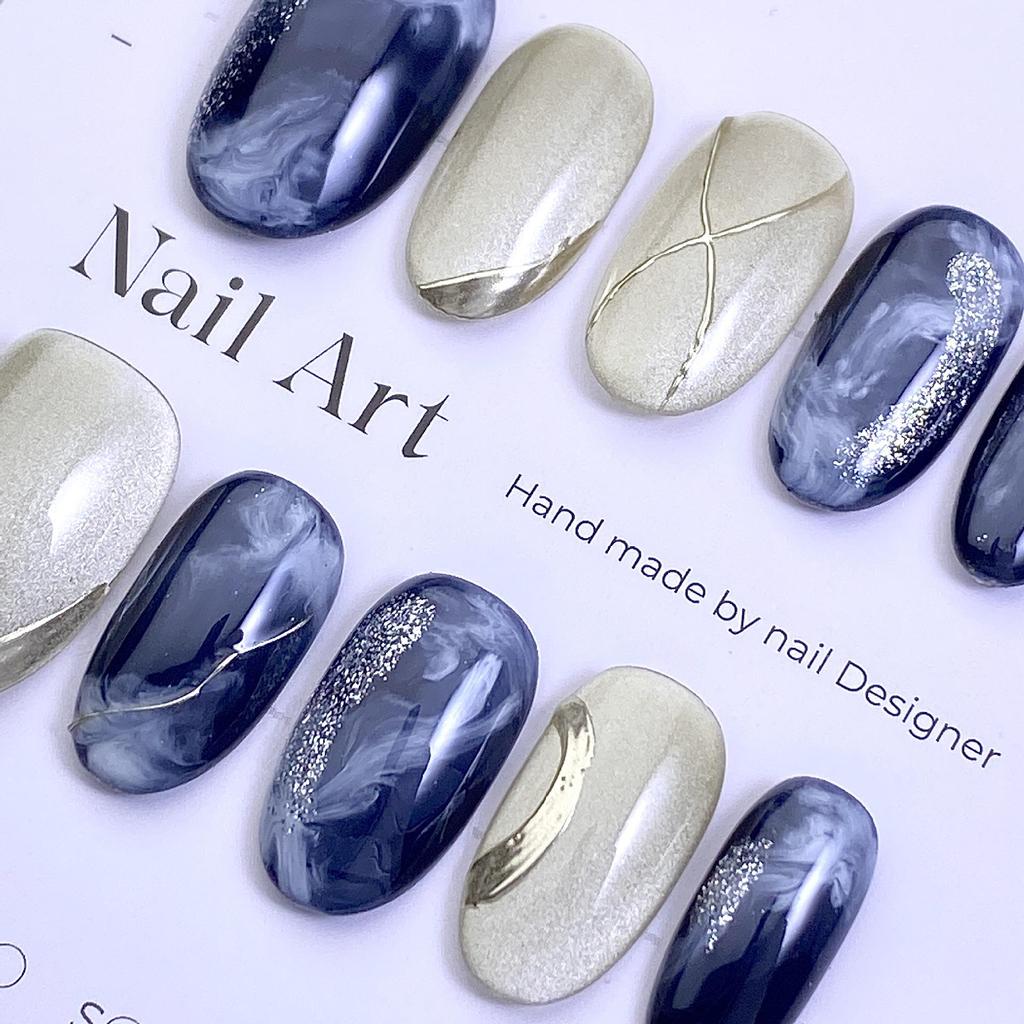 Cloud & Mist Gradient Cat Eye Press-On Nails: Blue Gold Magic Mirror Powder Manicure