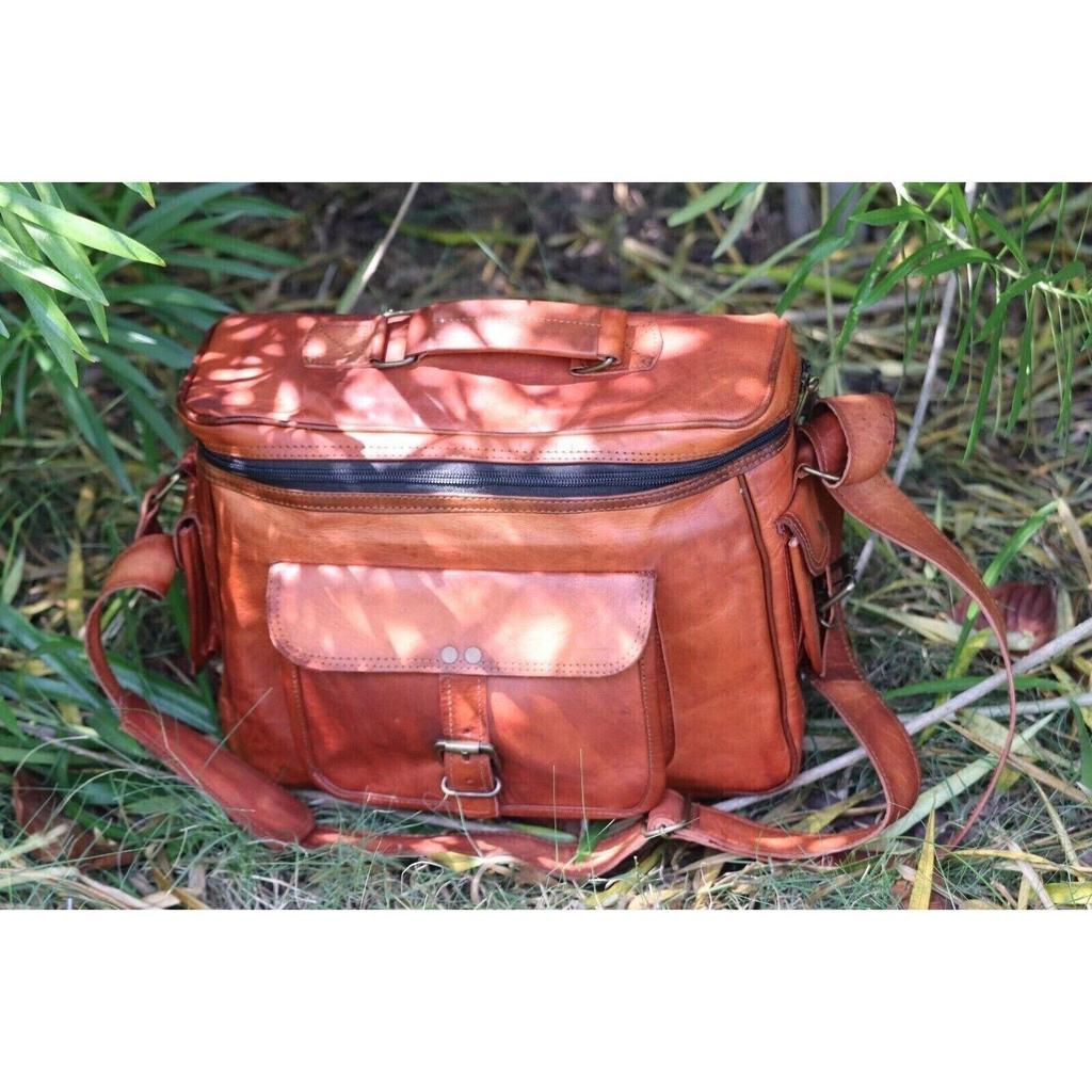 Camera Bag Unisex Genuine Leather Vintage Brown Cross Body For Photographers