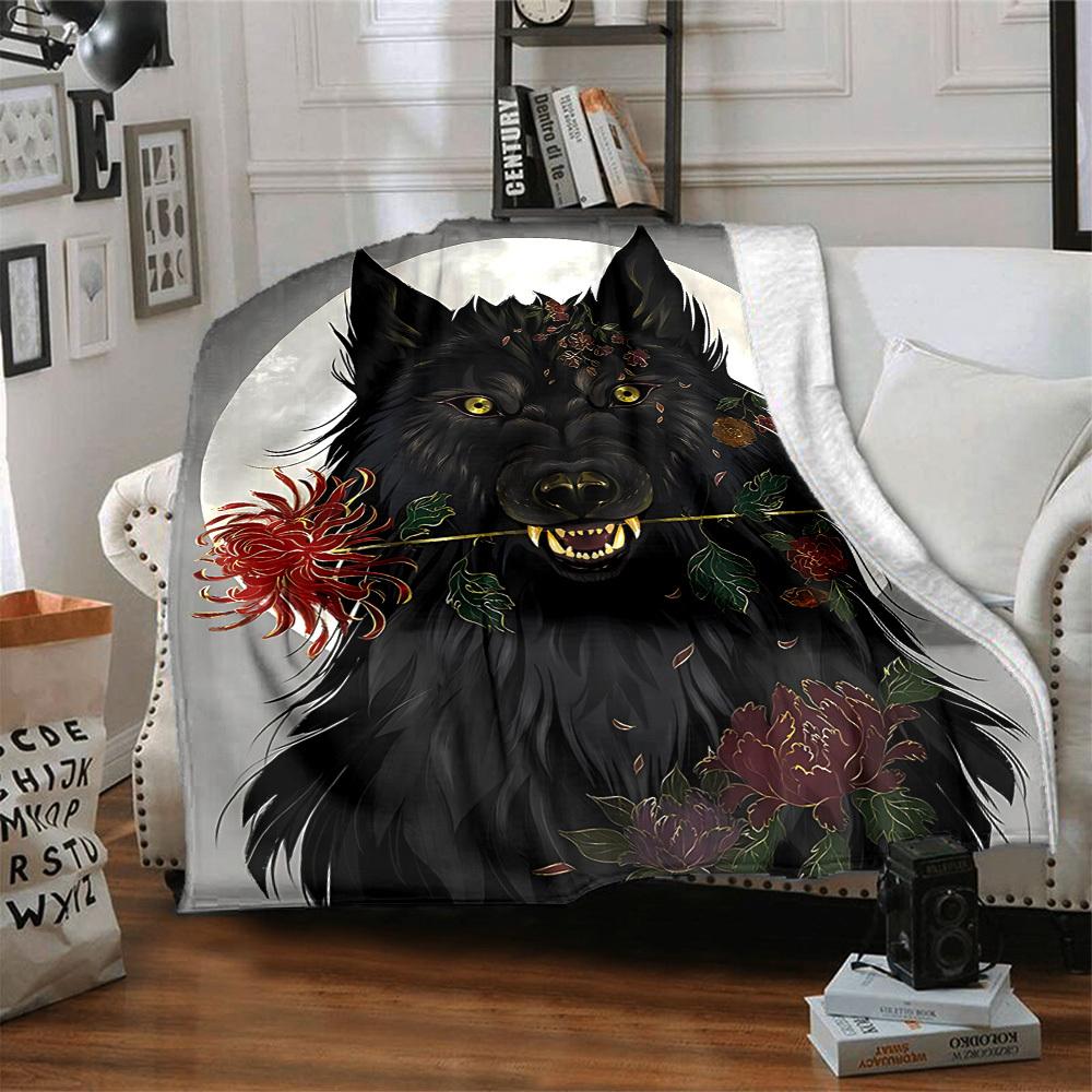 1pc Wolf Flowers Blanket, Lightweight Flannel Throw Blanket For Sofa, Bed, Travel, Camping, Living Room, Office, Couch, Chair, And Bed