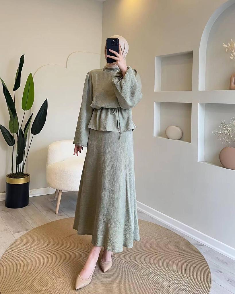 2024 Spring Women's Muslim Set: Elegant Solid Color Half Skirt with Tie