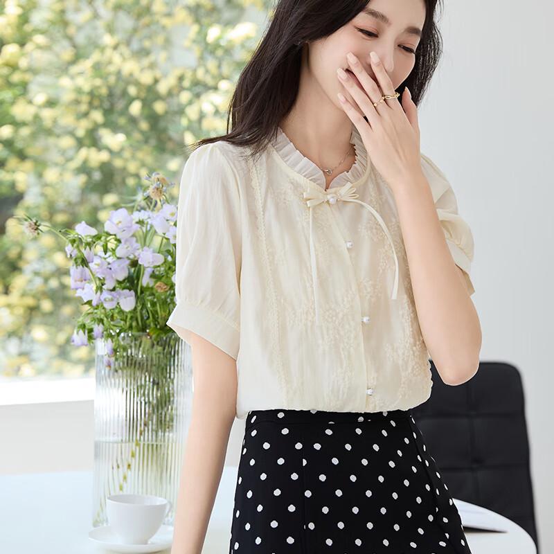 VICTORIA&VERA Women's New Chinese Style Embroidered Short-Sleeve Shirt