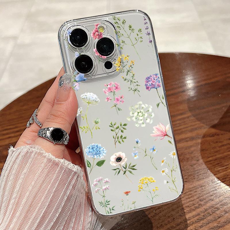 For iPhone 15 Pro Max 14 13 Pro 12 11 Phone Cover Beautiful Floral Pattern Clear Shockproof Slim PC Hard Case