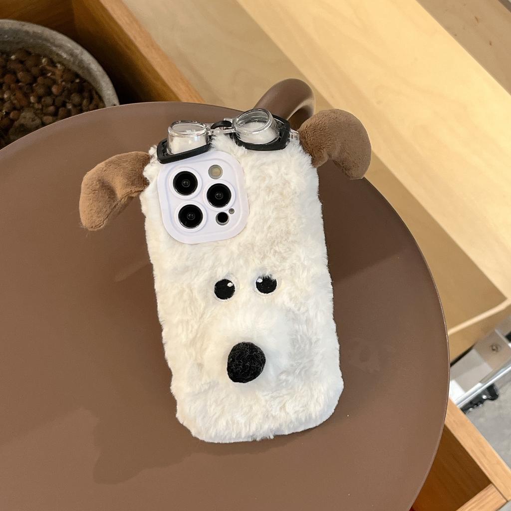 Husă de pluș 3D cu câine drăguț cu ochelari de protecție din desene animate Accesorii drăguțe pentru telefon pentru iPhone 16 15 14 13 12 11 Pro Max