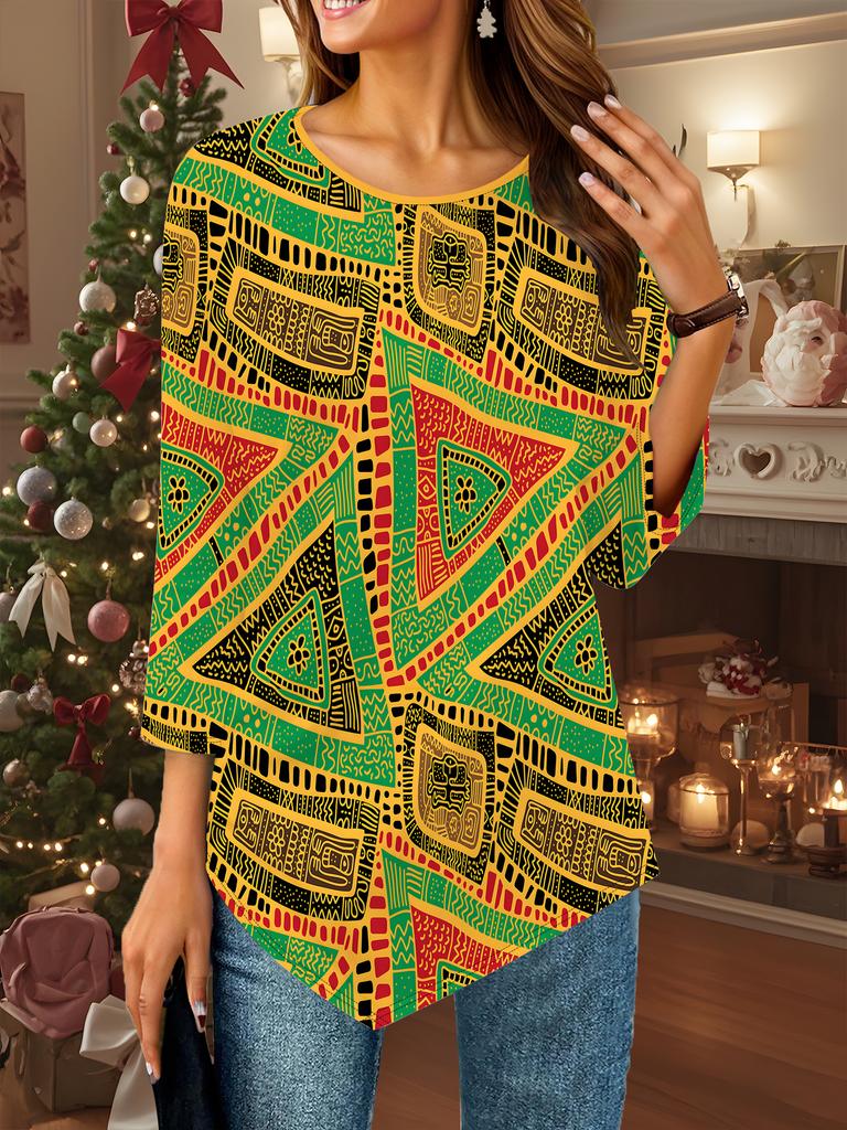 Women's Loose Round Neck Three Quarter Sleeve Tee 3D Geometry Pattern