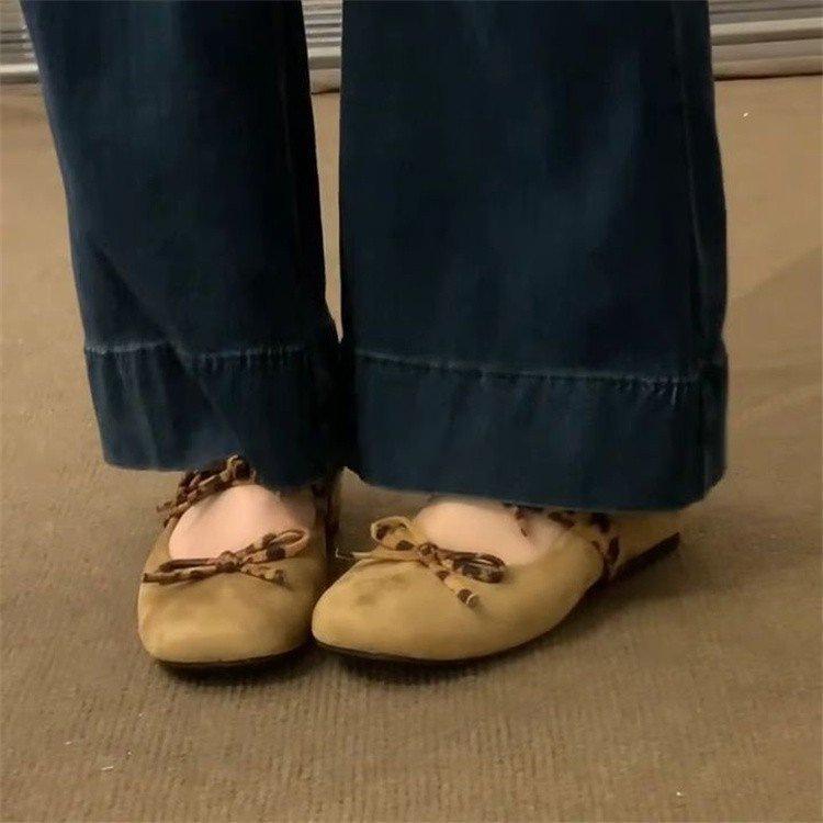 Retro heightening single shoes French suede round head light mouth leopard print bow Mary ballet shoes
