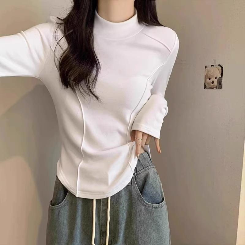 Hong Kong style velvet half turtleneck bottoming T-shirt for women in autumn and winter pure desire with fishbone slim curved hem basic top