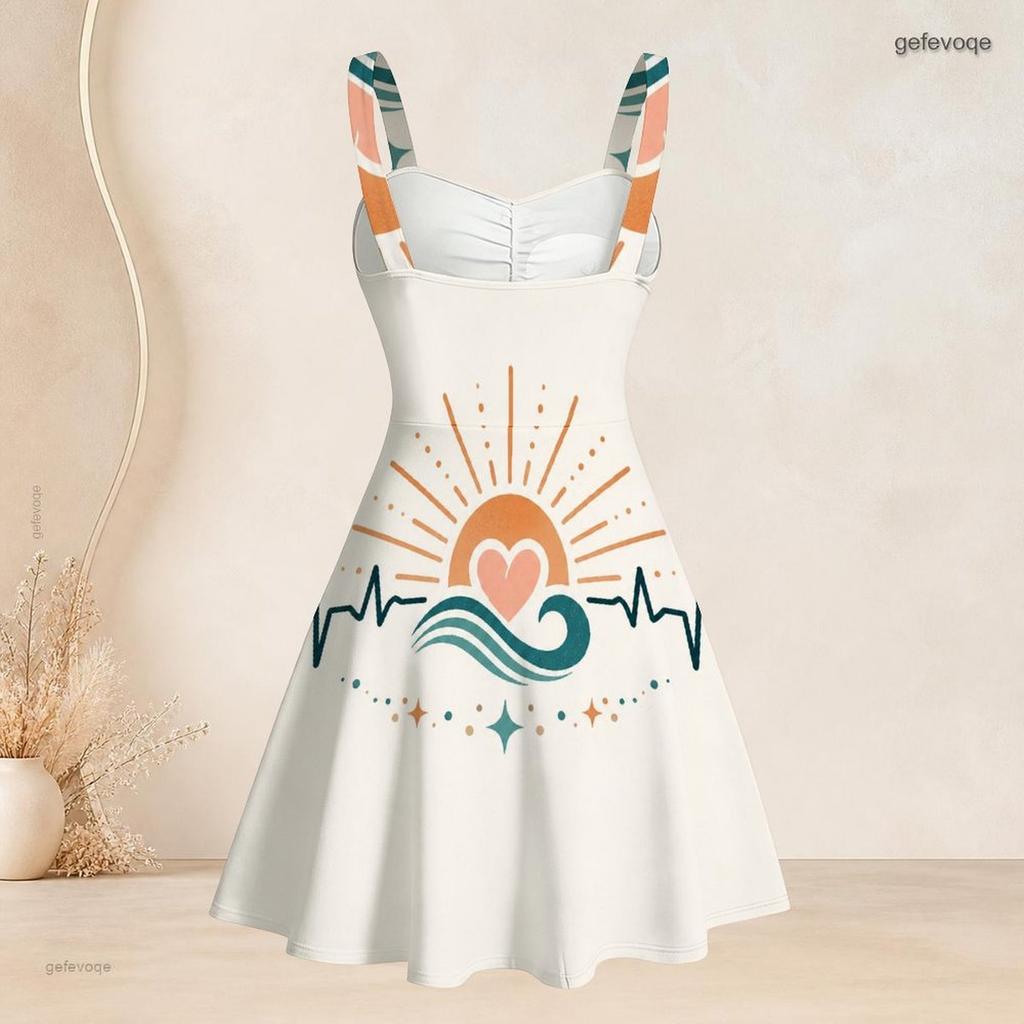 Women Plus Size Spaghetti Strap Off Shoulder Dress Modern Abstract Geometric Rainbow Leaf Print Swing Dress