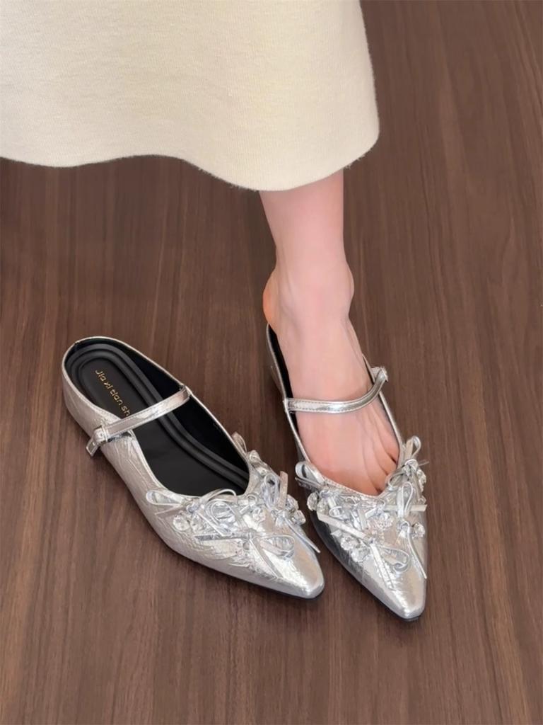 Silver word with bag head half slippers women's outer wear 2025 new inner height increase bow Mary Jane single shoes